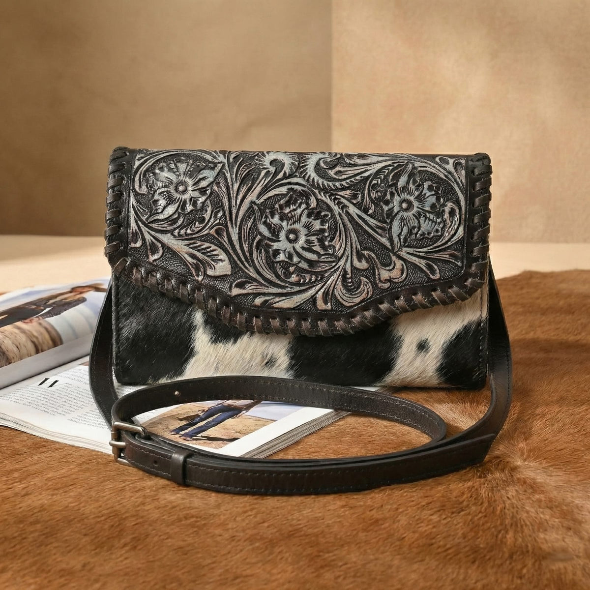 Alberta Ranch Cowhide Crossbody (Black, Brown)