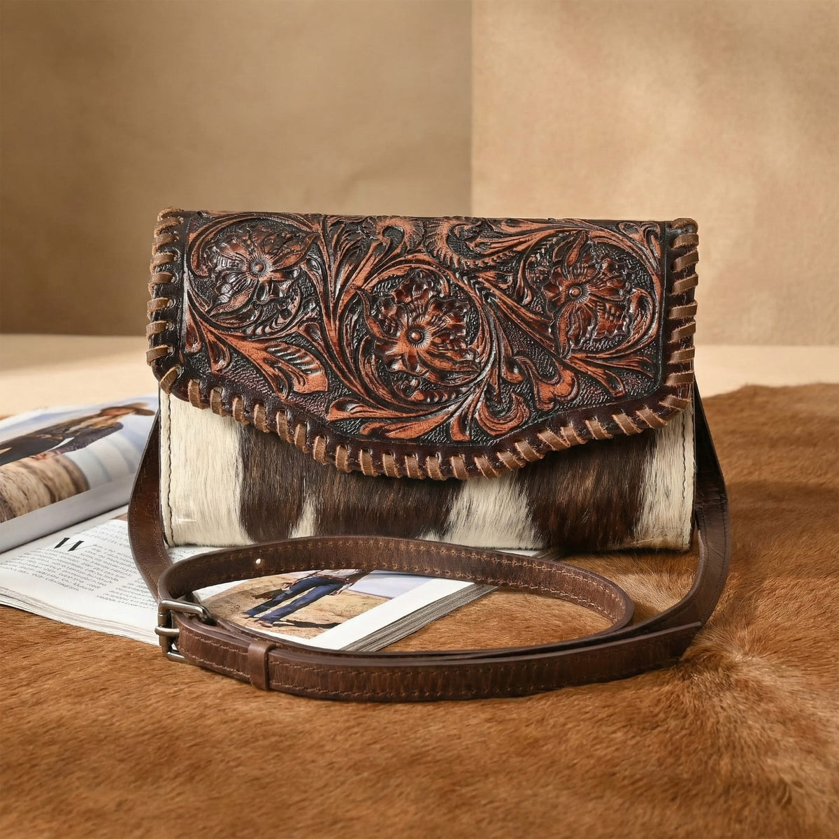 Alberta Ranch Cowhide Crossbody (Black, Brown)