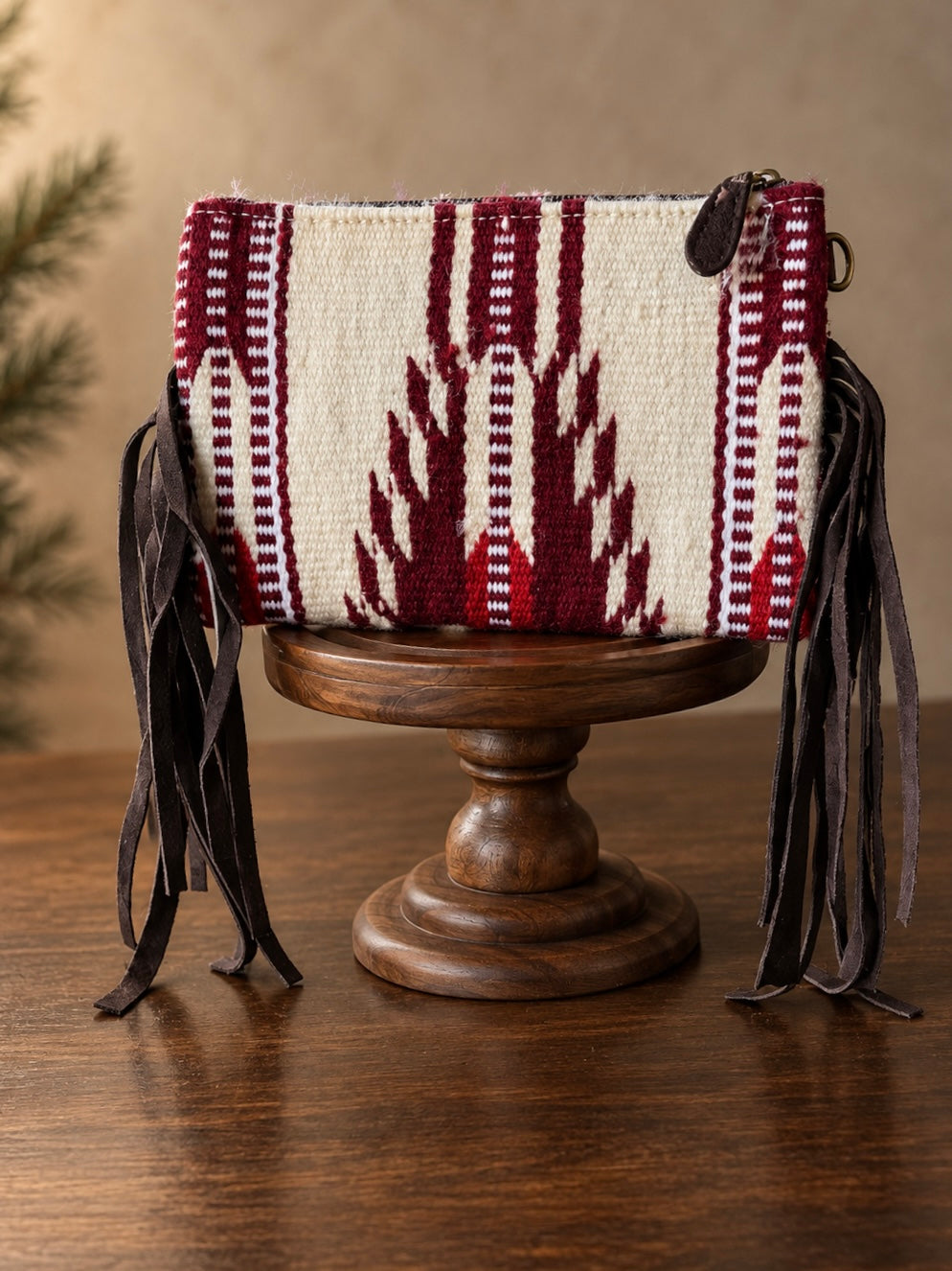 Chocolate Brown Fringe Red/Cream Aztec Crossbody