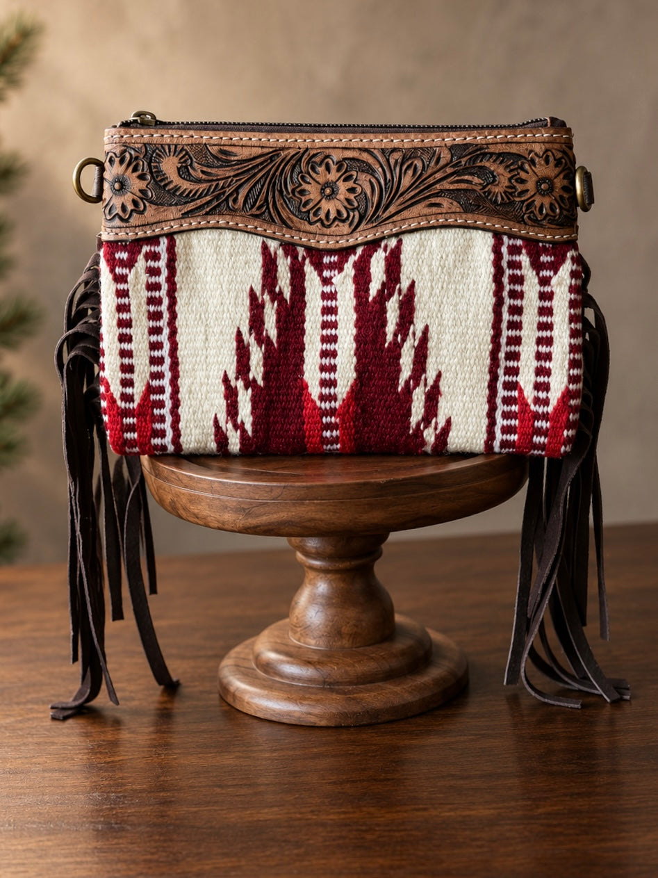 Chocolate Brown Fringe Red/Cream Aztec Crossbody