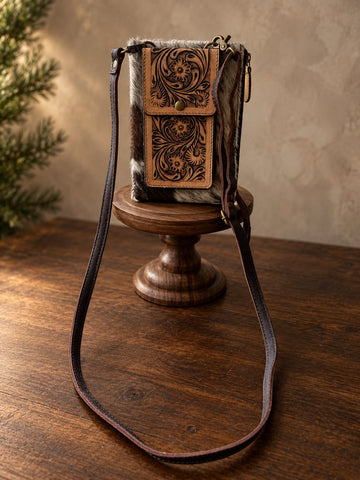 Prairie Floral Cowhide Crossbody (Saddle Brown, Tan)