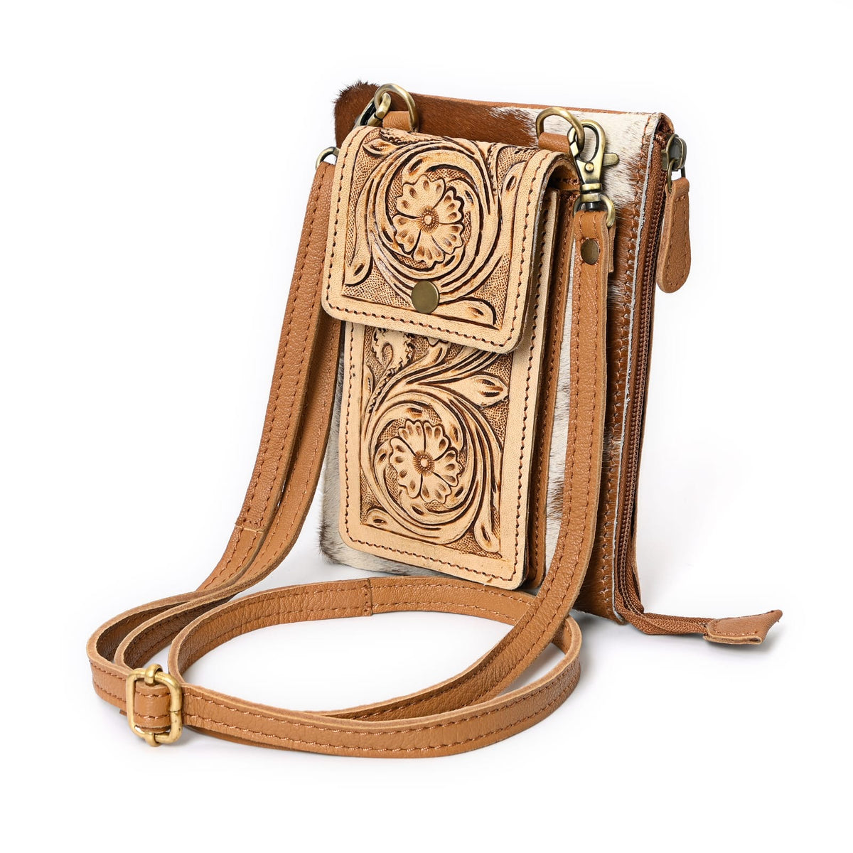 Prairie Floral Cowhide Crossbody (Saddle Brown, Tan)