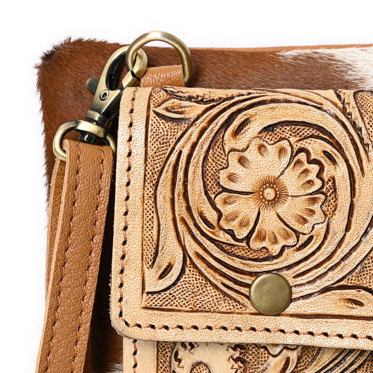 Prairie Floral Cowhide Crossbody (Saddle Brown, Tan)