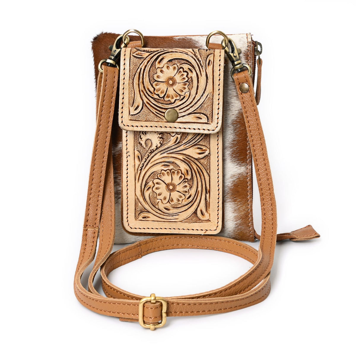 Prairie Floral Cowhide Crossbody (Saddle Brown, Tan)