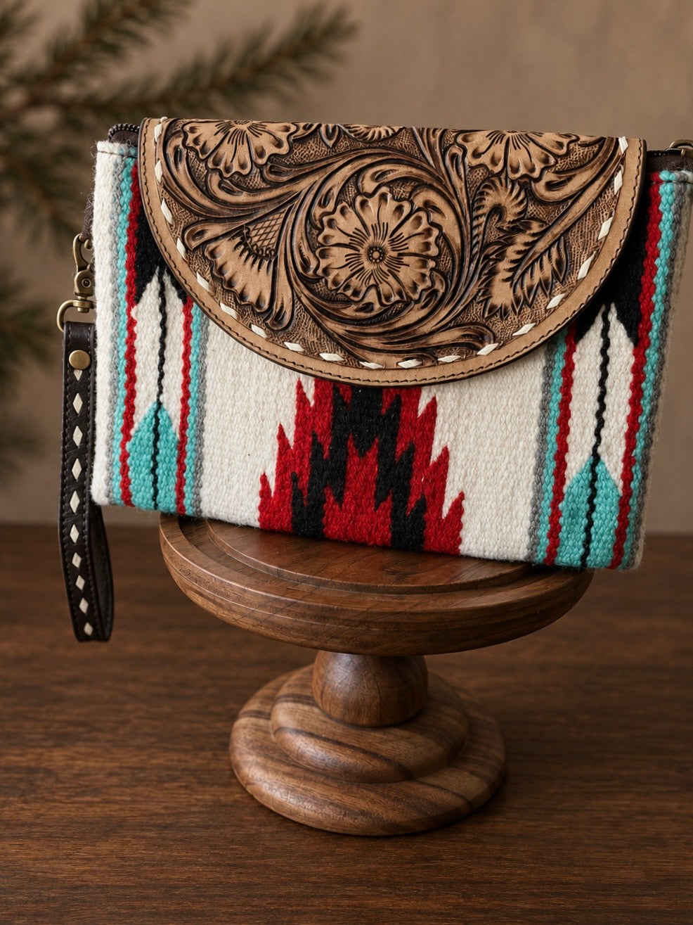 White Mesa Aztec Cowhide Wristlet